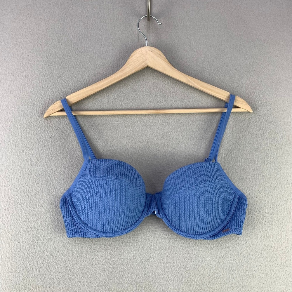 PINK Victoria's Secret Bikini Top Women L Blue Smocked Push Up Underwire Smocked